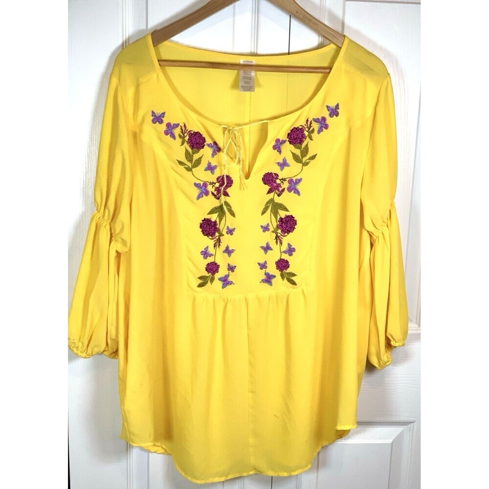 Embroidered Sheer Floral Tunic Pockets Tie at Neck Lantern Sleeves XL Yellow